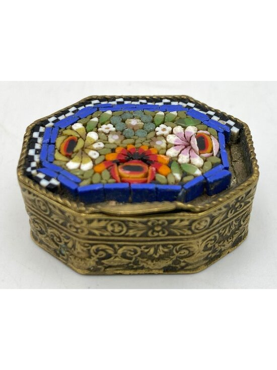 Accessories - Mosaic Glass Brass box Trinket Italian Italy Vintage Antique Victorian Floral